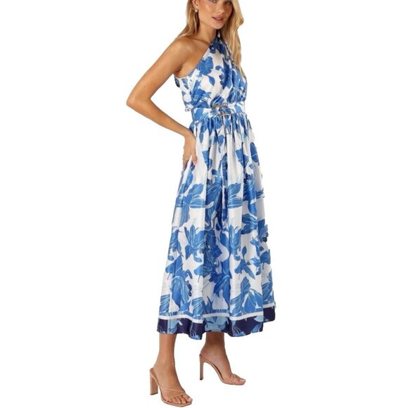 Petal & Pup Midi Dress 10 Blue White Floral Silky One Shoulder Washable NEW - Picture 3 of 16